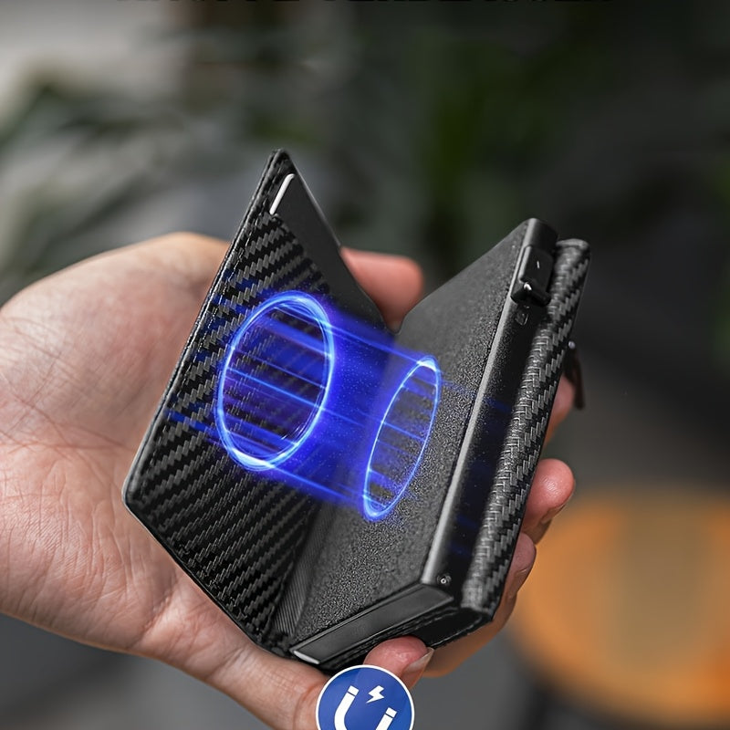 Men's Slim RFID Blocking Automatic Pop-Up Carbon Fiber Metal Card Holder Wallet