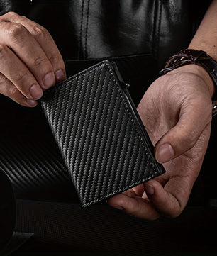 Men's Slim RFID Blocking Automatic Pop-Up Carbon Fiber Metal Card Holder Wallet