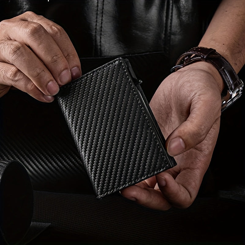 Men's Slim RFID Blocking Automatic Pop-Up Carbon Fiber Metal Card Holder Wallet
