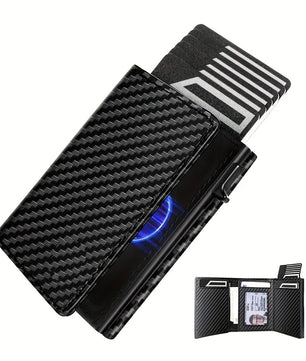 Men's Slim RFID Blocking Automatic Pop-Up Carbon Fiber Metal Card Holder Wallet