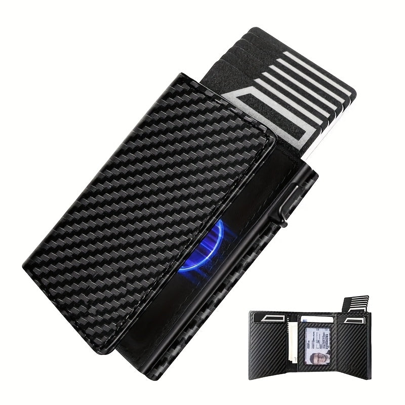 Men's Slim RFID Blocking Automatic Pop-Up Carbon Fiber Metal Card Holder Wallet