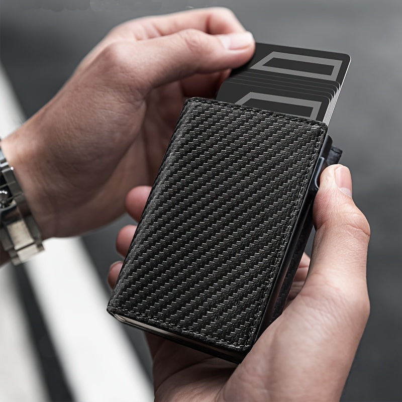 Men's Slim RFID Blocking Automatic Pop-Up Carbon Fiber Metal Card Holder Wallet