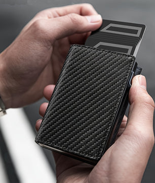 Men's Slim RFID Blocking Automatic Pop-Up Carbon Fiber Metal Card Holder Wallet